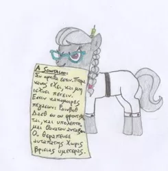 Size: 512x522 | Tagged: artist needed, clothes, coat, derpibooru import, glasses, greek, safe, scootaloo, scootaloo can't fly, silver spoon, solo, syringe, traditional art