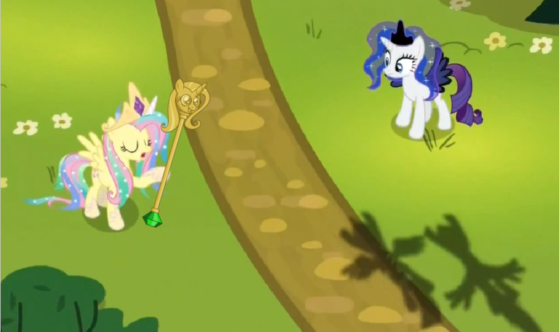 Size: 851x505 | Tagged: safe, derpibooru import, edit, edited screencap, screencap, fluttershy, rarity, pegasus, pony, unicorn, testing testing 1-2-3, celestia costume, celestia's crown, clothes, cosplay, costume, crown, duo, eyes closed, fake horn, fake wings, female, jewelry, lunarity, mare, peytral, regalia, scepter, shadow, shylestia, twilight scepter