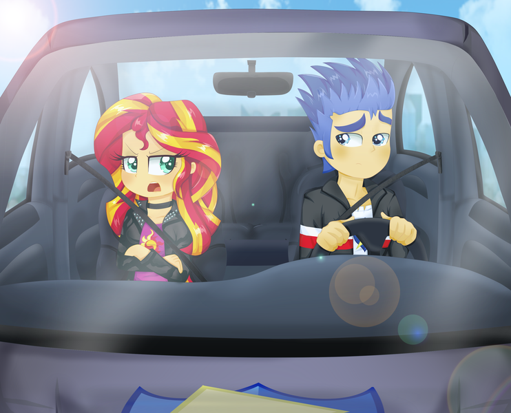 Size: 2947x2384 | Tagged: safe, artist:lucy-tan, derpibooru import, flash sentry, sunset shimmer, human, equestria girls, car, driving, female, flash sentry's car, flashimmer, humanized, male, shipping, straight, tsundere, tsunset shimmer