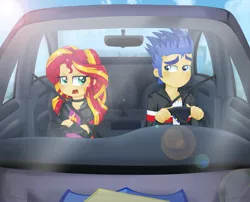 Size: 2947x2384 | Tagged: safe, artist:lucy-tan, derpibooru import, flash sentry, sunset shimmer, human, equestria girls, car, driving, female, flash sentry's car, flashimmer, humanized, male, shipping, straight, tsundere, tsunset shimmer