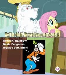 Size: 640x717 | Tagged: bulk biceps, derpibooru import, edit, edited screencap, exploitable meme, fluttershy, goofy (disney), meme, rainbow dash, rainbow falls, replacement meme, safe, screencap, text, vulgar