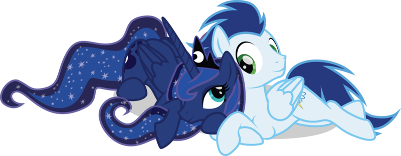 Size: 6135x2390 | Tagged: artist:benybing, cuddling, derpibooru import, eye contact, female, looking at each other, male, princess luna, prone, safe, shipping, simple background, smiling, snuggling, soarin', soaruna, straight, transparent background, vector