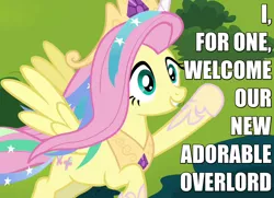 Size: 900x650 | Tagged: safe, derpibooru import, edit, edited screencap, screencap, fluttershy, pegasus, pony, testing testing 1-2-3, caption, celestia costume, celestia's crown, clothes, cosplay, costume, cropped, crown, cute, fake horn, female, flying, image macro, jewelry, mare, peytral, regalia, ribbon, shyabetes, shylestia, smiling, solo, text, the simpsons