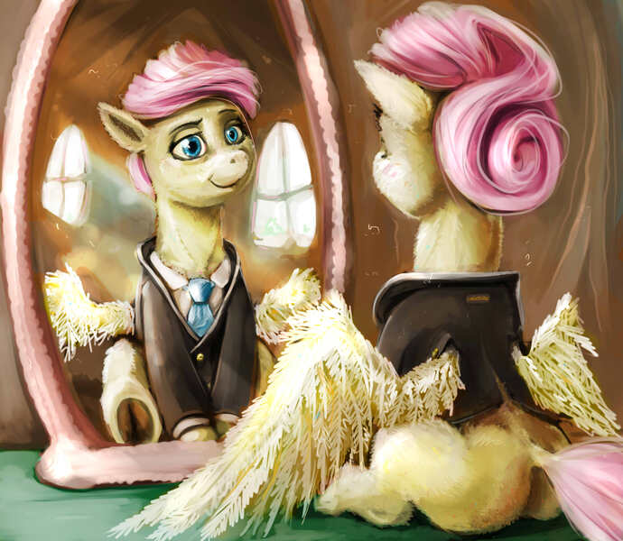 Size: 2445x2127 | Tagged: artist:sharpieboss, clothes, derpibooru import, filli vanilli, fluttershy, frog (hoof), mirror, necktie, rule 63, safe, sitting, solo, suit, uncanny valley, underhoof