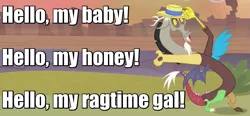 Size: 1025x475 | Tagged: caption, cute, dancing, derpibooru import, discord, discute, draconequus, edit, edited screencap, hat, image macro, looney tunes, lyrics, male, michigan j. frog, one froggy evening, safe, screencap, solo, song, song reference, text, three's a crowd