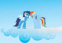 Size: 900x622 | Tagged: safe, artist:wor1dxfs, derpibooru import, rainbow dash, soarin', blushing, clothes, cloud, eye contact, female, looking at each other, male, shipping, soarindash, spread wings, straight, uniform, wings, wonderbolts uniform