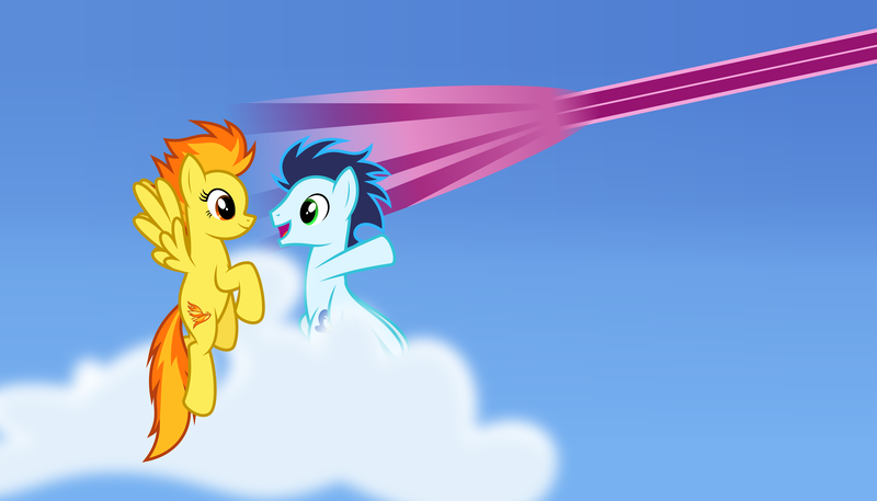 Size: 11200x6400 | Tagged: safe, artist:parclytaxel, derpibooru import, soarin', spitfire, oc, oc:parcly taxel, alicorn, pony, .svg available, absurd resolution, alicorn oc, cloud, female, flying, horn, male, pointing, shipping, sky, soarinfire, sonic boom, straight, vector, wings