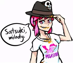 Size: 833x719 | Tagged: artist:triple-q, brony, brony stereotype, derpibooru import, fedora shaming, hat, human, kill la kill, m'lady, nonon jakuzure, pegasister, pinkie pie, safe, trilby