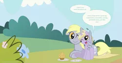 Size: 3819x1985 | Tagged: safe, artist:redapropos, derpibooru import, derpy hooves, dinky hooves, pegasus, pony, cute, equestria's best daughter, equestria's best mother, female, food, like mother like daughter, mare, mother and child, mother and daughter, muffin