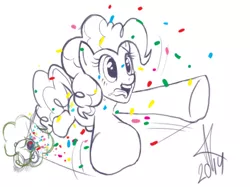 Size: 454x340 | Tagged: safe, artist:hope(n forever), derpibooru import, pinkie pie, confetti, party cannon, perspective, pony cannonball, solo, tongue out, wip