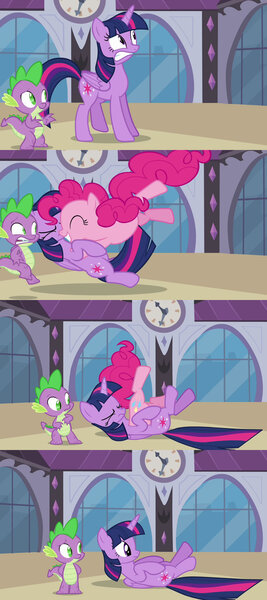 Size: 1280x2880 | Tagged: safe, artist:dtkraus, derpibooru import, edit, edited screencap, screencap, pinkie pie, spike, twilight sparkle, twilight sparkle (alicorn), alicorn, pony, princess twilight sparkle (episode), absorption, comic, female, fourth dimension tummy, goddammit kraus, mare, screencap comic, wat