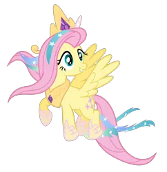 Size: 6000x6196 | Tagged: safe, artist:masem, derpibooru import, fluttershy, pegasus, pony, testing testing 1-2-3, .svg available, absurd resolution, celestia costume, celestia's crown, clothes, cosplay, costume, crown, fake horn, female, flying, jewelry, mare, peytral, regalia, shylestia, simple background, solo, spread wings, transparent background, vector, wings