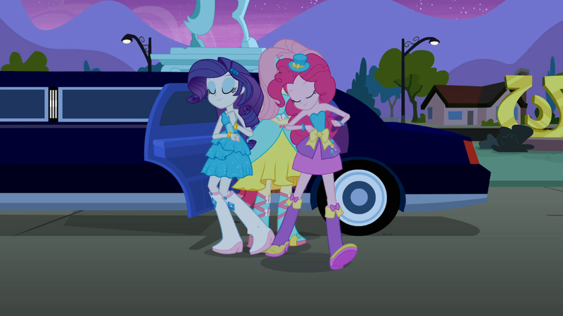 Size: 1366x768 | Tagged: safe, derpibooru import, screencap, fluttershy, pinkie pie, rarity, equestria girls, equestria girls (movie), balloon, boots, bracelet, eyes closed, fall formal outfits, fence, hat, high heel boots, horse statue, house, jewelry, limousine, mountain, raised leg, shoes, statue, streetlight, top hat, tree