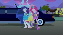 Size: 1366x768 | Tagged: safe, derpibooru import, screencap, fluttershy, pinkie pie, rarity, equestria girls, equestria girls (movie), balloon, boots, bracelet, eyes closed, fall formal outfits, fence, hat, high heel boots, horse statue, house, jewelry, limousine, mountain, raised leg, shoes, statue, streetlight, top hat, tree