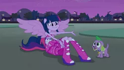 Size: 1366x768 | Tagged: safe, derpibooru import, screencap, spike, twilight sparkle, twilight sparkle (alicorn), alicorn, dog, equestria girls, equestria girls (movie), boots, duo, face, fall formal outfits, high heel boots, ponied up, shoes, sparkles, spike the dog, twilight ball dress, wings
