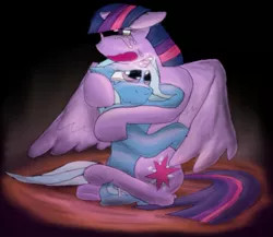 Size: 958x833 | Tagged: safe, artist:firefanatic, derpibooru import, trixie, twilight sparkle, twilight sparkle (alicorn), alicorn, pony, crying, female, glow, hug, mare