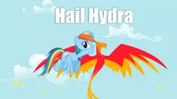 Size: 1054x592 | Tagged: a bird in the hoof, caption, derpibooru import, edit, edited screencap, fine print, hail hydra, image macro, meme, narcissism, philomena, rainbow dash, rainbow's whispers, safe, screencap, text