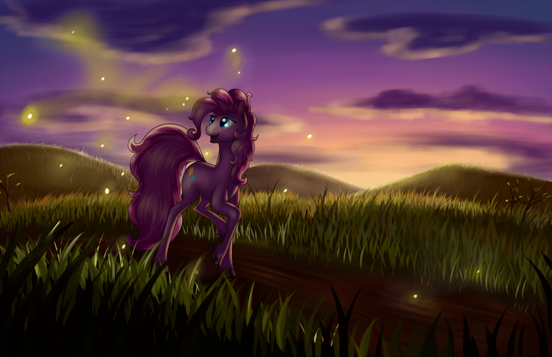 Size: 2125x1375 | Tagged: artist:grennadder, derpibooru import, firefly (insect), grass, insect, pinkie pie, safe, scenery, solo, sunset