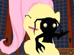 Size: 1018x768 | Tagged: 3d, artist:the-horrible-mu, ballroom, beast's castle, crossover, derpibooru import, desperate, fluttershy, heartless, hug, kingdom hearts, mmd, safe, scared, shadow