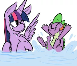 Size: 700x600 | Tagged: safe, artist:karpet-shark, derpibooru import, spike, twilight sparkle, twilight sparkle (alicorn), alicorn, pony, twily-daily, cannonball, female, mare, swimming, wet, wet mane