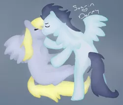 Size: 557x475 | Tagged: safe, artist:emerlees, derpibooru import, derpy hooves, soarin', pegasus, pony, blank flank, derpin', derpy hooves gets all the stallions, eyes closed, female, heart, kissing, male, mare, shipping, straight