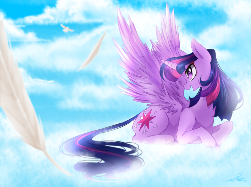 Size: 900x672 | Tagged: safe, artist:chokico, derpibooru import, twilight sparkle, twilight sparkle (alicorn), alicorn, pony, feather, female, mare, solo