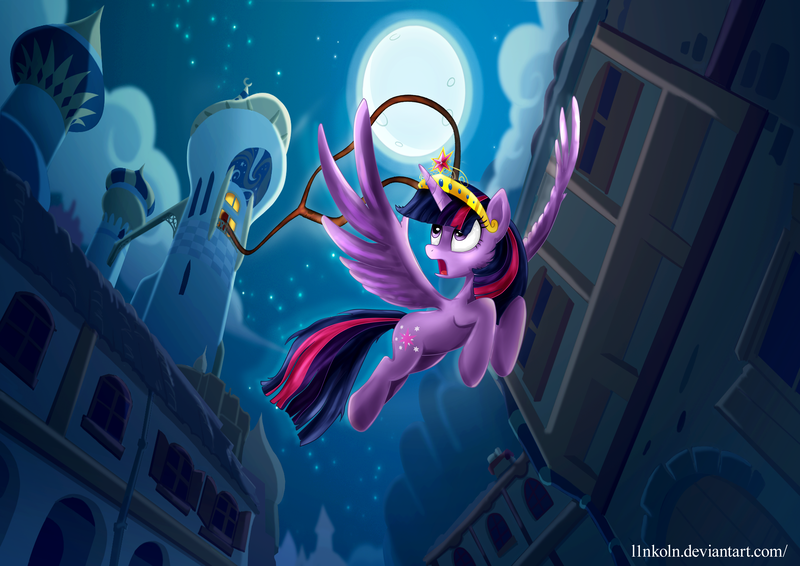 Size: 4092x2893 | Tagged: safe, artist:l1nkoln, derpibooru import, twilight sparkle, twilight sparkle (alicorn), alicorn, pony, female, flying, lasso, low angle, mare, night, rope, solo, window