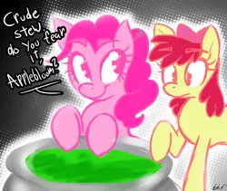 Size: 1280x1082 | Tagged: apple bloom, artist:blup-chan, cauldron, cute from the hip, derpibooru import, dialogue, friendship is witchcraft, pinkie pie, pinkie's brew, potion, safe