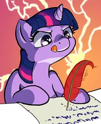 Size: 400x488 | Tagged: artist:muffinshire, comic:twilight's first day, derpibooru import, ink, lightning, magic, quill, safe, scroll, solo, twilight sparkle, wip, writing