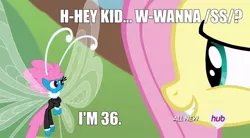 Size: 852x470 | Tagged: breezie, caption, derpibooru import, edit, edited screencap, female, fluttershy, hey kid you wanna ss?, hub logo, image macro, male, meme, raised eyebrow, screencap, seabreeze, shipping, /ss/, straight, straight shota, suggestive, text