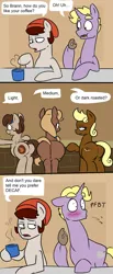 Size: 794x1920 | Tagged: suggestive, artist:strangerdanger, derpibooru import, oc, oc:brann flakes, oc:cookie dough, oc:cookie dough (trottingham), oc:nanaimo, unofficial characters only, earth pony, pegasus, pony, unicorn, askcookieandbrann, blushing, butt, coffee, comic, cup, dialogue, donut, eating, featureless crotch, floppy ears, food, hat, lidded eyes, line-up, nose wrinkle, open mouth, plot, plotline, steam, tumblr