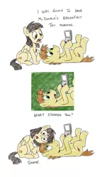 Size: 1157x1920 | Tagged: artist:sibsy, comic, derpibooru import, dialogue, female, gameboy advance sp, male, mandofire, mcdonald's, oc, oc:mandopony, on back, safe, shame, shipping, sitting, straight, tumblr, wild fire