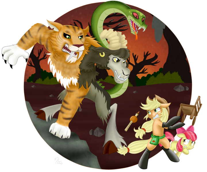 Size: 1200x1000 | Tagged: safe, artist:swanlullaby, derpibooru import, apple bloom, applejack, chimera sisters, chimera, earth pony, pony, somepony to watch over me, boots, fireproof boots, lion tamer's chair, multiple heads, shoes, snake charmin' flute, three heads