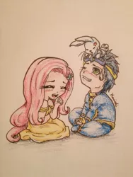 Size: 1024x1365 | Tagged: angel bunny, artist:karichi, chibi, derpibooru import, female, fluttershy, human, humanized, male, safe, shipping, soarin', soarinshy, straight, traditional art