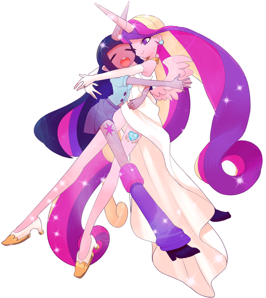 Size: 1300x1454 | Tagged: safe, artist:☆☆☆☆☆☆☆, derpibooru import, princess cadance, twilight sparkle, human, equestria girls, clothes, cute, dark skin, dress, female, high heels, horn, horns are touching, hug, humanized, long legs, pixiv, shoes, simple background, white background