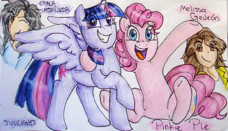 Size: 1180x677 | Tagged: safe, artist:namygaga, derpibooru import, pinkie pie, twilight sparkle, twilight sparkle (alicorn), alicorn, pony, carla castañeda, female, happy, human ponidox, looking at you, mare, melissa gedeón, mexico, self ponidox, smiling, spanish, voice actor