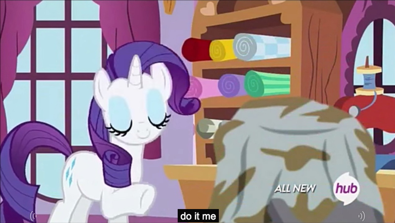 Size: 1276x719 | Tagged: caption, carousel boutique, derpibooru import, dish towel, edit, edited screencap, hub logo, maud pie, maud pie (episode), meme, rarity, safe, screencap, sewing machine, solo, window, youtube caption