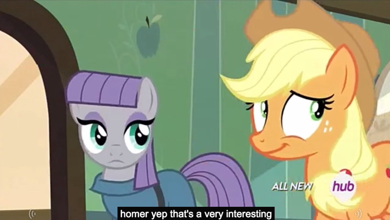 Size: 1268x716 | Tagged: all new, applejack, caption, derpibooru import, edit, edited screencap, hub logo, maud pie, maud pie (episode), meme, safe, screencap, text, youtube caption