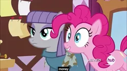 Size: 1280x716 | Tagged: all new, caption, carousel boutique, derpibooru import, dish towel, edit, edited screencap, greed, grin, hub logo, lip bite, maud pie, maud pie (episode), meme, money, pinkie pie, safe, screencap, smiling, sticky note, text, wide eyes, youtube caption