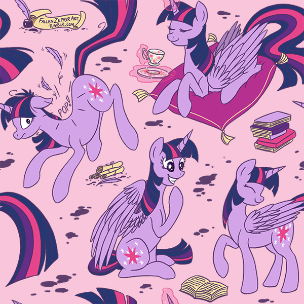 Size: 650x650 | Tagged: safe, artist:fallenzephyr, derpibooru import, twilight sparkle, twilight sparkle (alicorn), alicorn, unicorn, book, food, pattern, pop, race swap, tea, tiled background