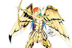 Size: 1024x688 | Tagged: archer, archer dash, armor, artist:arkanyareth, bow (weapon), derpibooru import, female, gold cloth, gold saint, human, humanized, rainbow dash, safe, sagittarius, saint seiya, solo