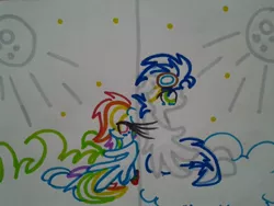 Size: 1024x768 | Tagged: safe, artist:swirlyquill, derpibooru import, rainbow dash, soarin', female, male, shipping, soarindash, straight, traditional art