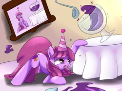 Size: 1024x764 | Tagged: artist:madacon, artist:underpable, berry punch, berryshine, derpibooru import, drunk, hat, party hat, punch bowl, punch (drink), safe, solo, spill