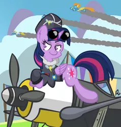 Size: 3384x3549 | Tagged: safe, artist:dahhez, derpibooru import, commander easy glider, soarin', spitfire, surprise, twilight sparkle, twilight sparkle (alicorn), alicorn, pony, testing testing 1-2-3, ancient wonderbolts uniform, clothes, female, fw 190, hat, jacket, mare, plane, sunglasses, uniform, wonderbolts