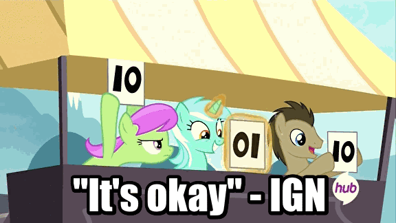 Size: 576x324 | Tagged: safe, derpibooru import, doctor whooves, lyra heartstrings, merry may, time turner, leap of faith, animated, exploitable meme, ign, lyra's score, meme, score, tongue out