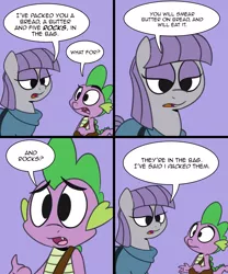 Size: 1500x1800 | Tagged: artist:epulson, comic, derpibooru import, fangs, frown, maud and spike's chat, maud pie, raised eyebrow, rock, safe, spike, wat, wide eyes