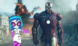 Size: 1360x816 | Tagged: safe, derpibooru import, vinyl scratch, equestria girls, music to my ears, rainbow rocks, awesome, clique, cool guys don't look at explosions, crossover, epic, explosion, iron man, parody, size difference, strutting vinyl, walking, walking away from explosion