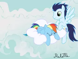 Size: 1024x768 | Tagged: safe, artist:rulette, derpibooru import, rainbow dash, soarin', backwards cutie mark, female, male, observer, shipping, sleeping, soarindash, straight