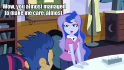 Size: 960x540 | Tagged: safe, derpibooru import, flash sentry, princess luna, twilight sparkle, equestria girls, equestria girls (movie), caption, image macro, luna is not amused, luna's office, meme, text, unamused, vice principal luna