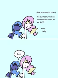 Size: 500x667 | Tagged: :<, artist:wollap, cantaloupe, celery, comic, :d, derpibooru import, frown, heh, letter, open mouth, princess celery, princess celestia, princess luna, safe, smiling, sun, twilight sparkle